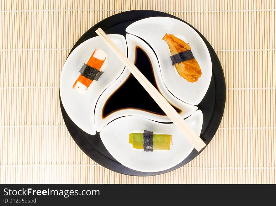 A plate with different kinds of sushi