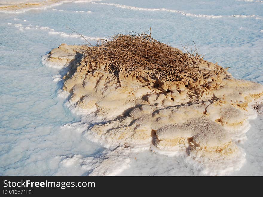 Salt on dead sea in the rays of sunset by evening