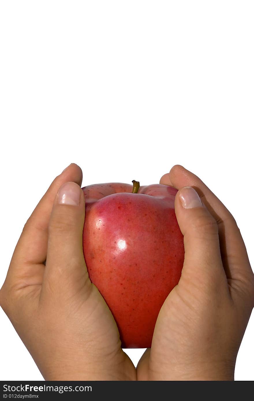 Woman hands holding a red apple. Woman hands holding a red apple.