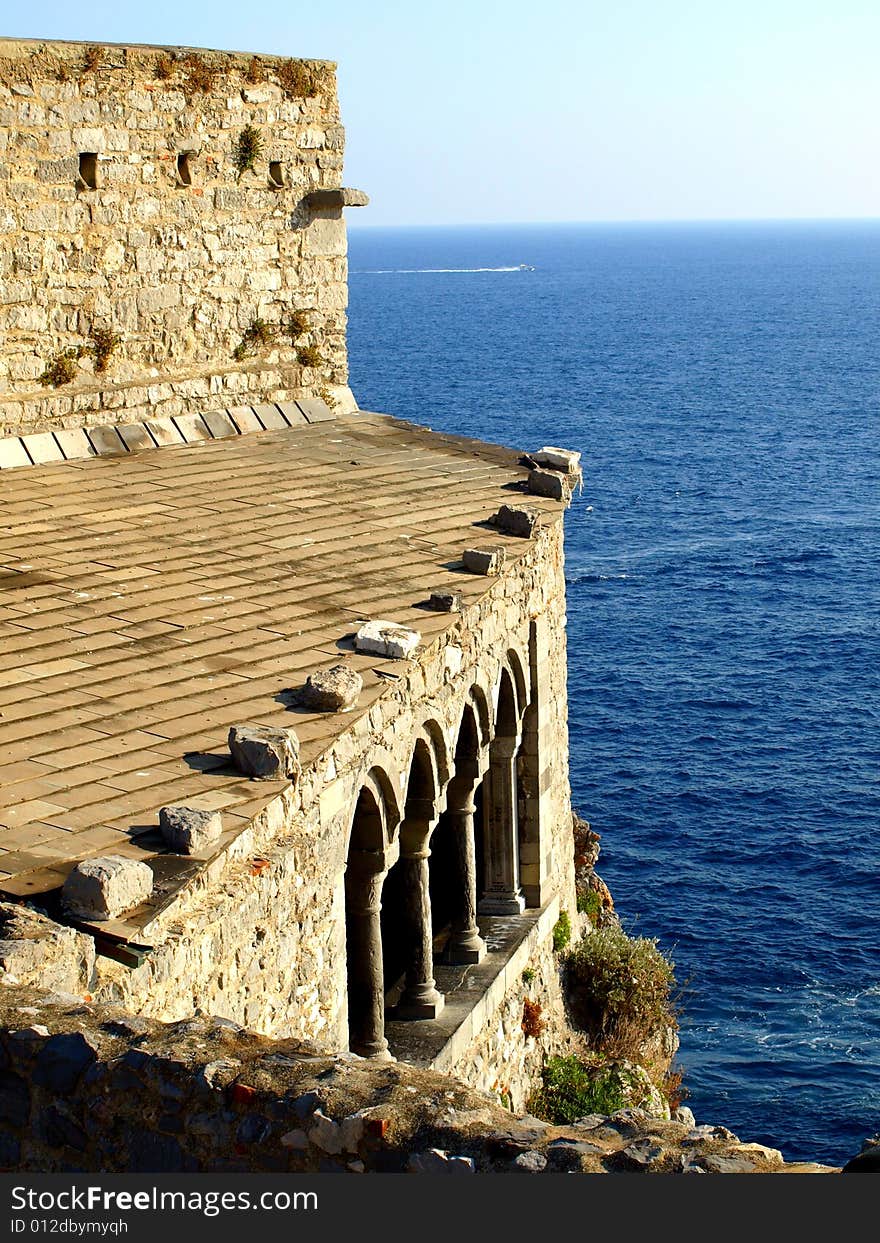 An outdoor view of the porch of San Pietro church in Porto Venere. An outdoor view of the porch of San Pietro church in Porto Venere