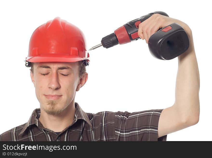 Worker with screwdriver on white background