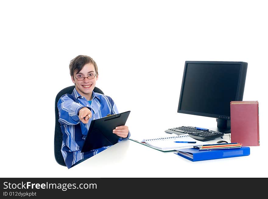 Teenager student doing homework with computer and books on desk, white background