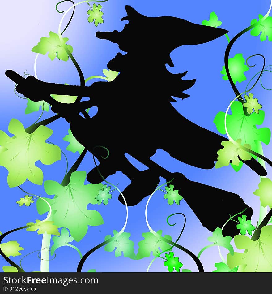 Silhouette of a  Witch  with Green  Leaves on a Gradient Background