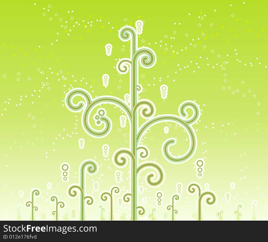 Vector illustration of lovely swirly magic trees with magical stars and horizon gradient effect. Vector illustration of lovely swirly magic trees with magical stars and horizon gradient effect.