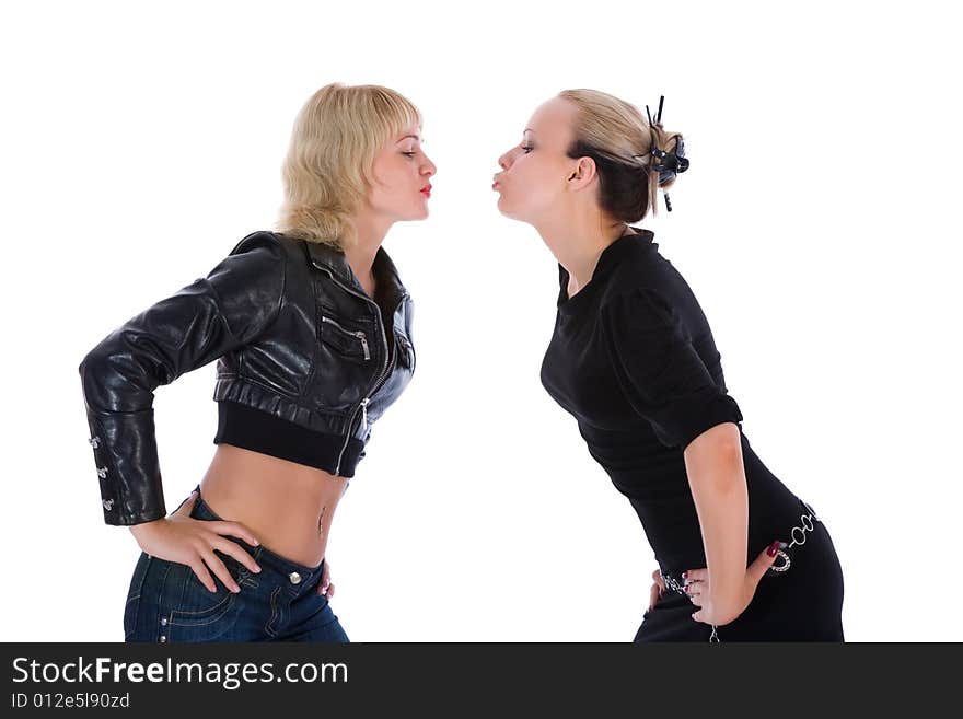 Portrait of two enamoured girls on the white