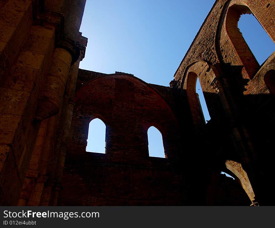 A wonderful shot of a glimpse of the uncover abbey of San Galgano in Tuscany