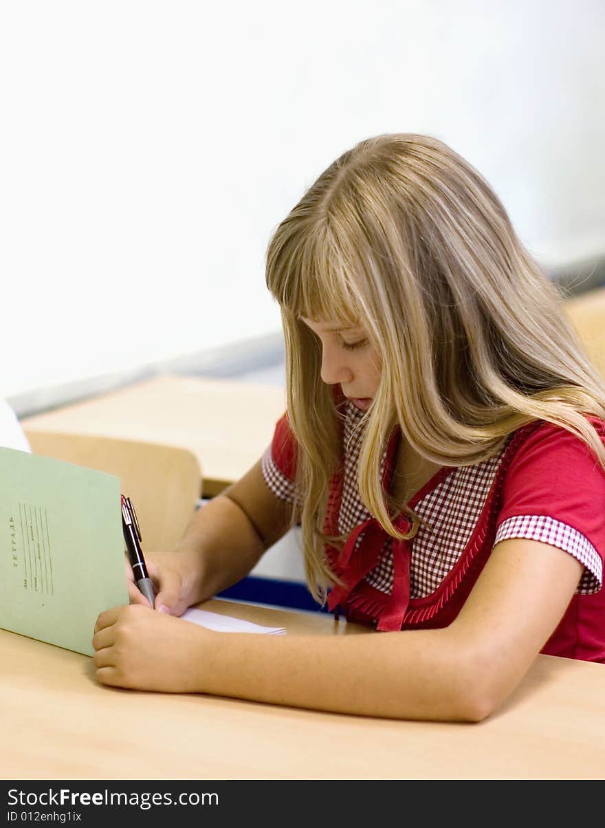 Schoolgirl writing at lesson at school.