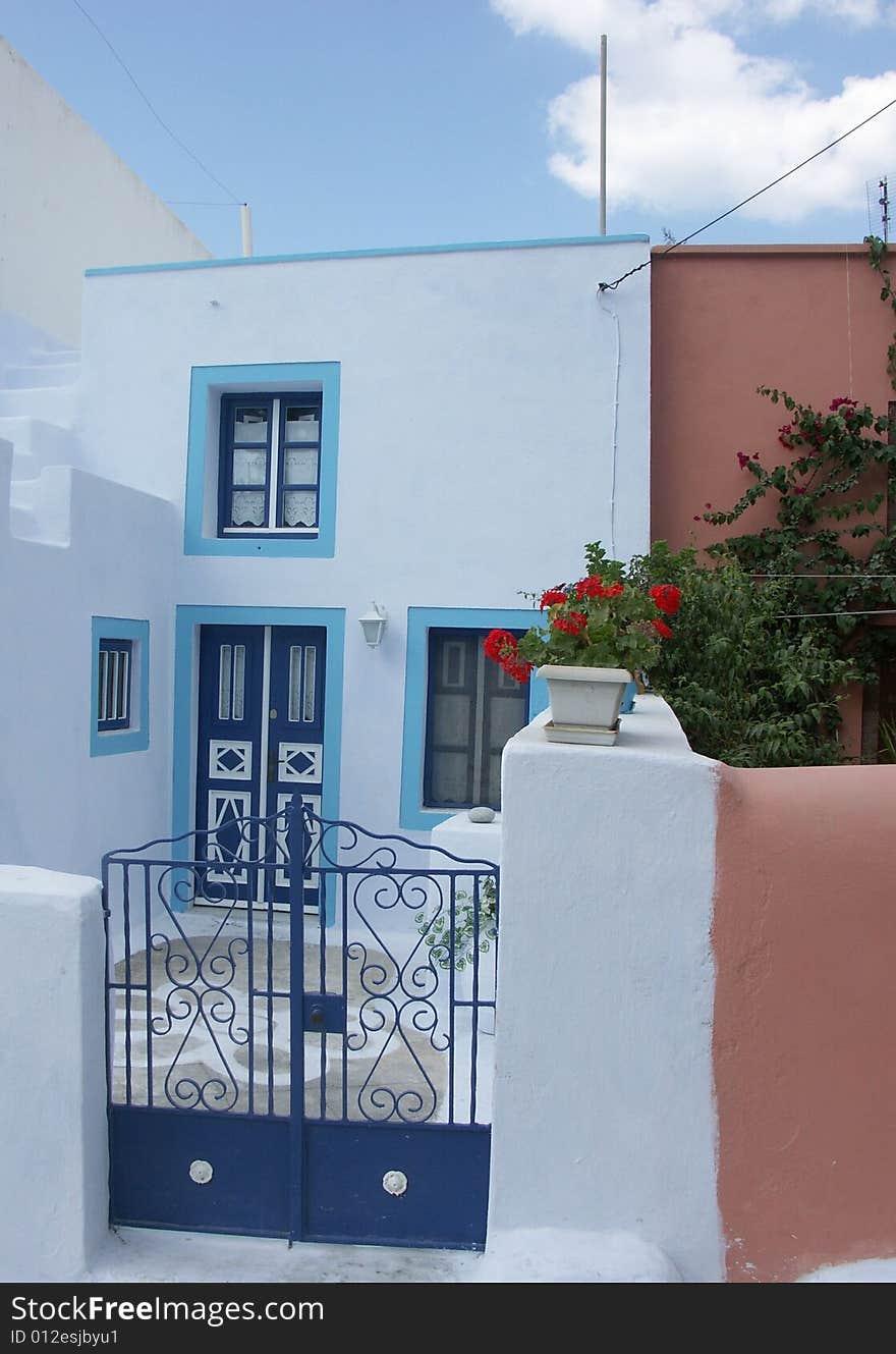 Typical white and blue Greek house on Santorini island