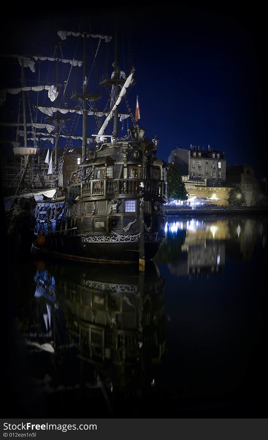 Caravel at the night Gdansk Poland