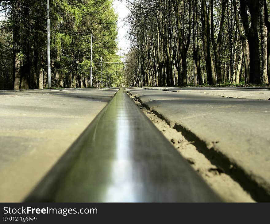 Rail of the tram line which are passing through a park zone. Rail of the tram line which are passing through a park zone