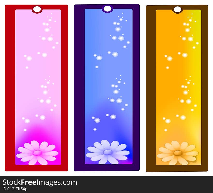 Three tags in red,blue green with flowers in respective colors to them.