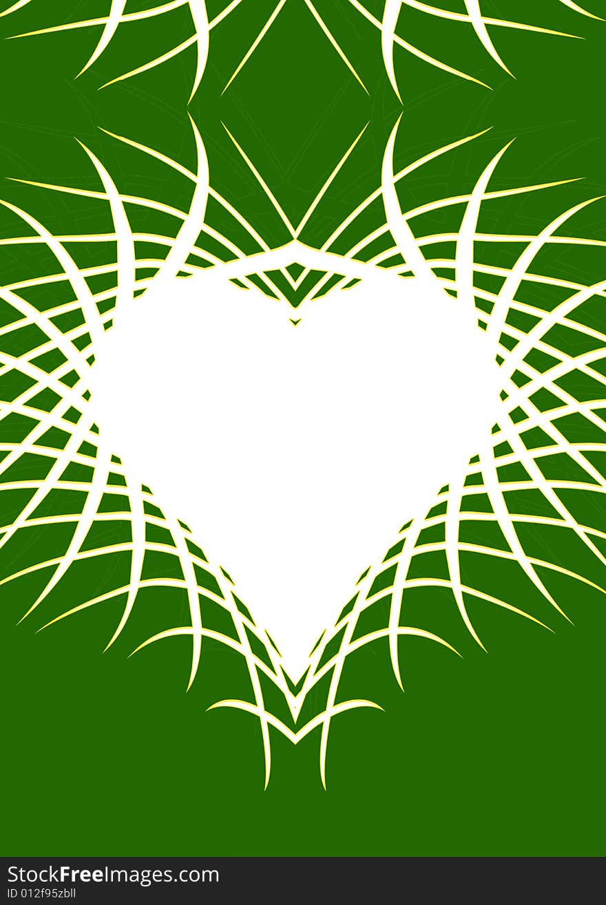 A white heart covered with sharp structures projecting in a green background.