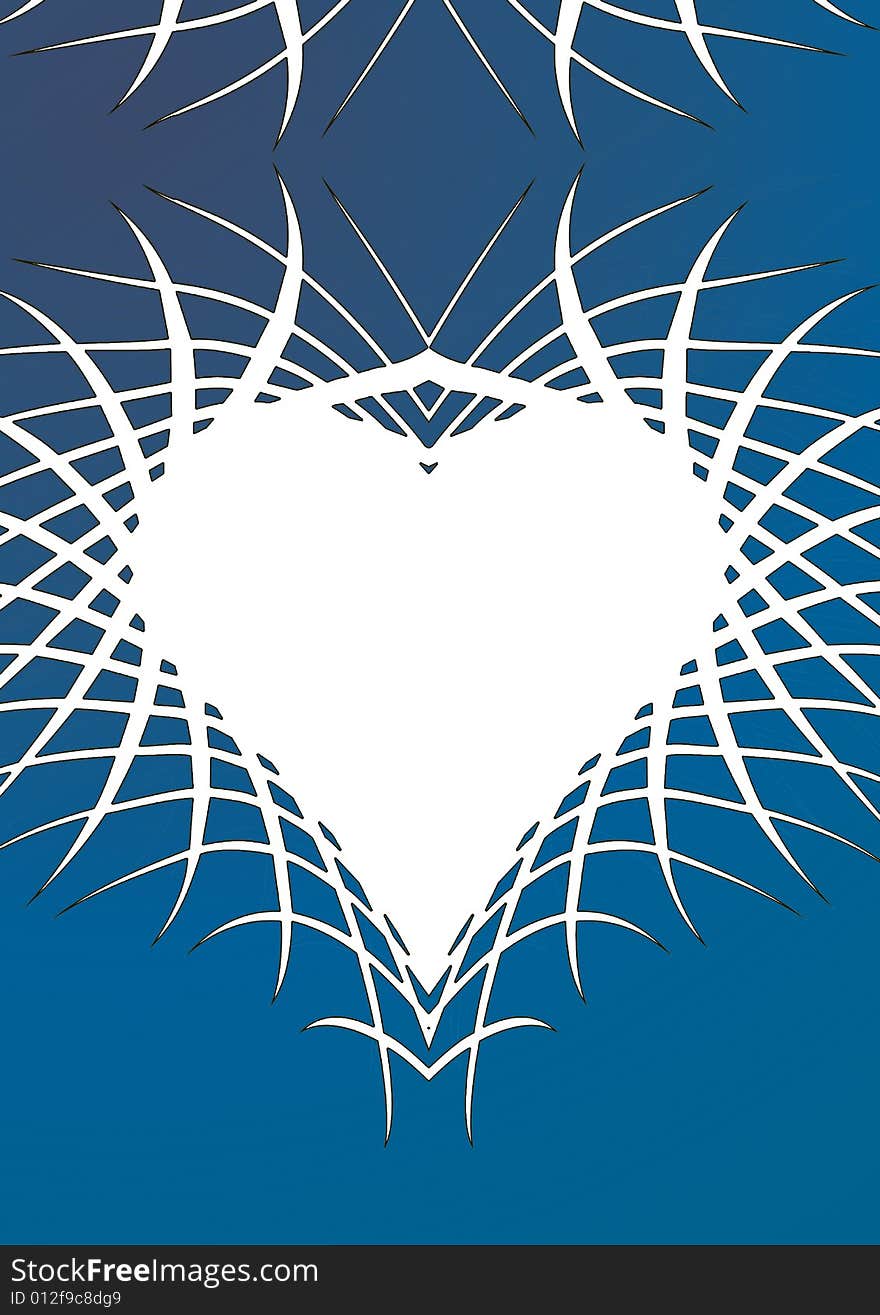 A white heart covered with sharp structures projecting in a blue background.