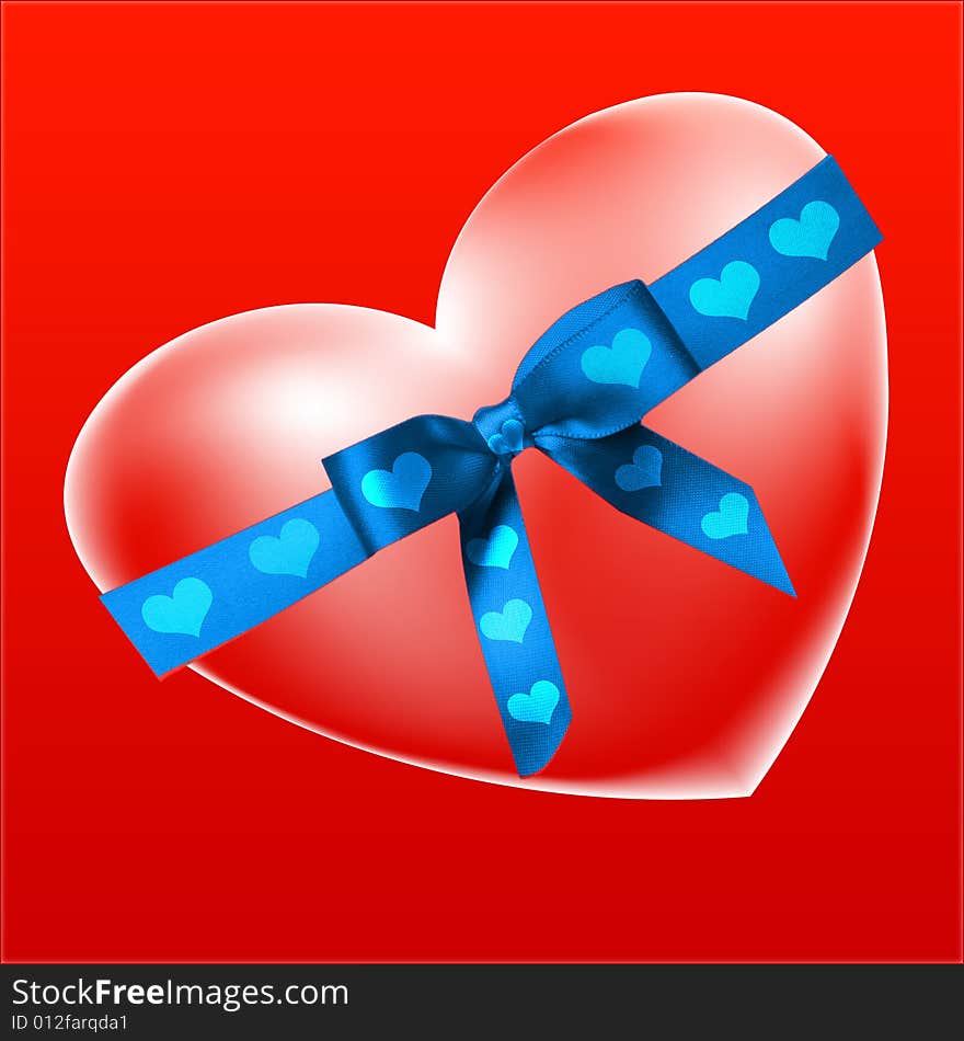 A red heart bound with blue ribbon. A red heart bound with blue ribbon