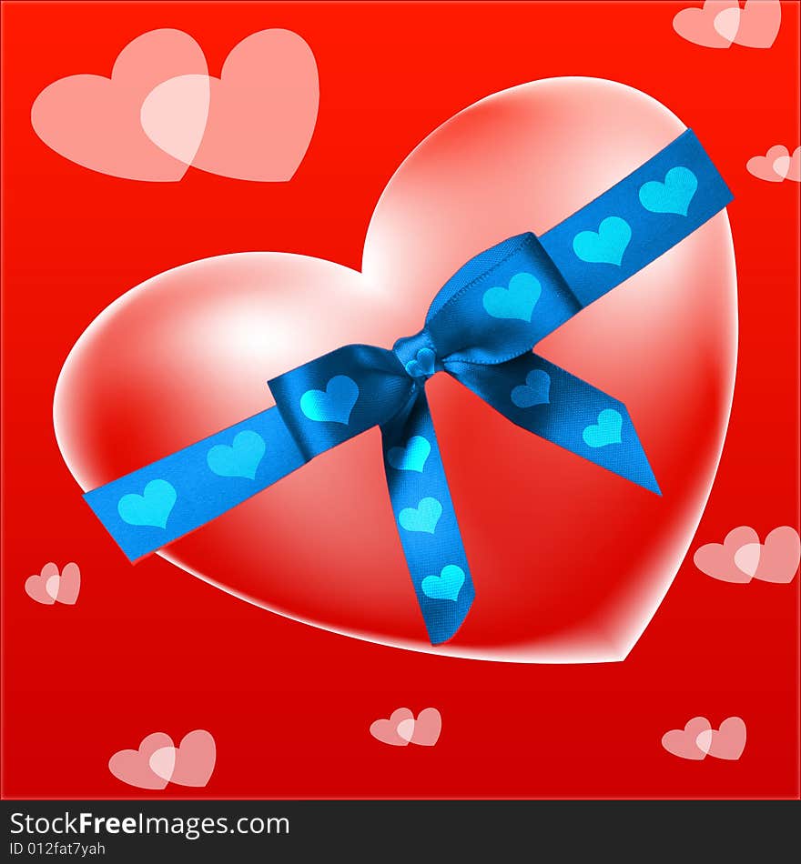 A red heart bound with blue ribbon with coupled hearts around it. A red heart bound with blue ribbon with coupled hearts around it.