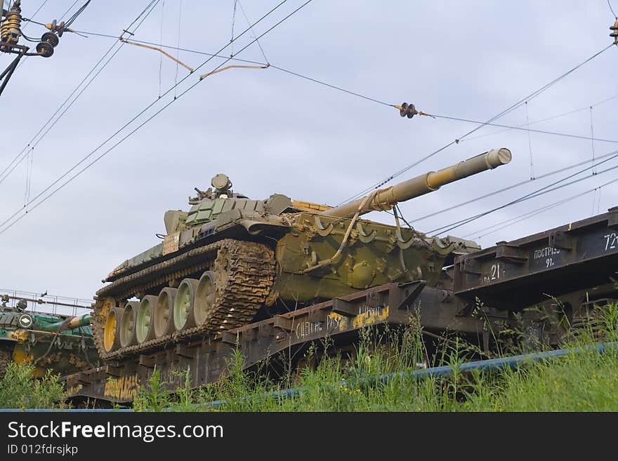 Russian tank on a troop-train bay