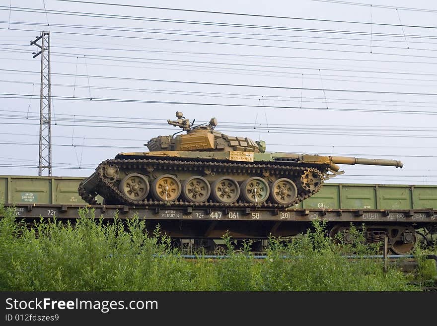 Russian tank on a troop-train bay. Russian tank on a troop-train bay