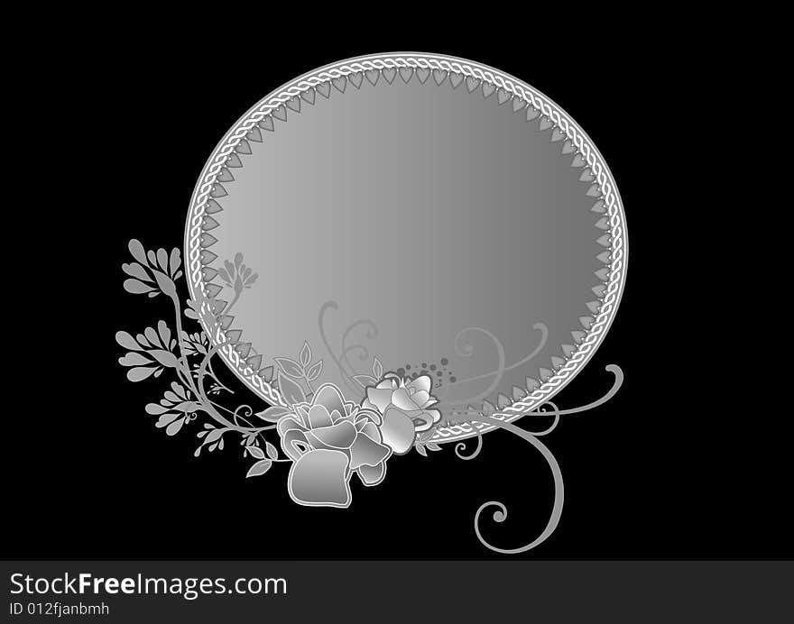 Floral frame  black background  in black and white color. Floral frame  black background  in black and white color