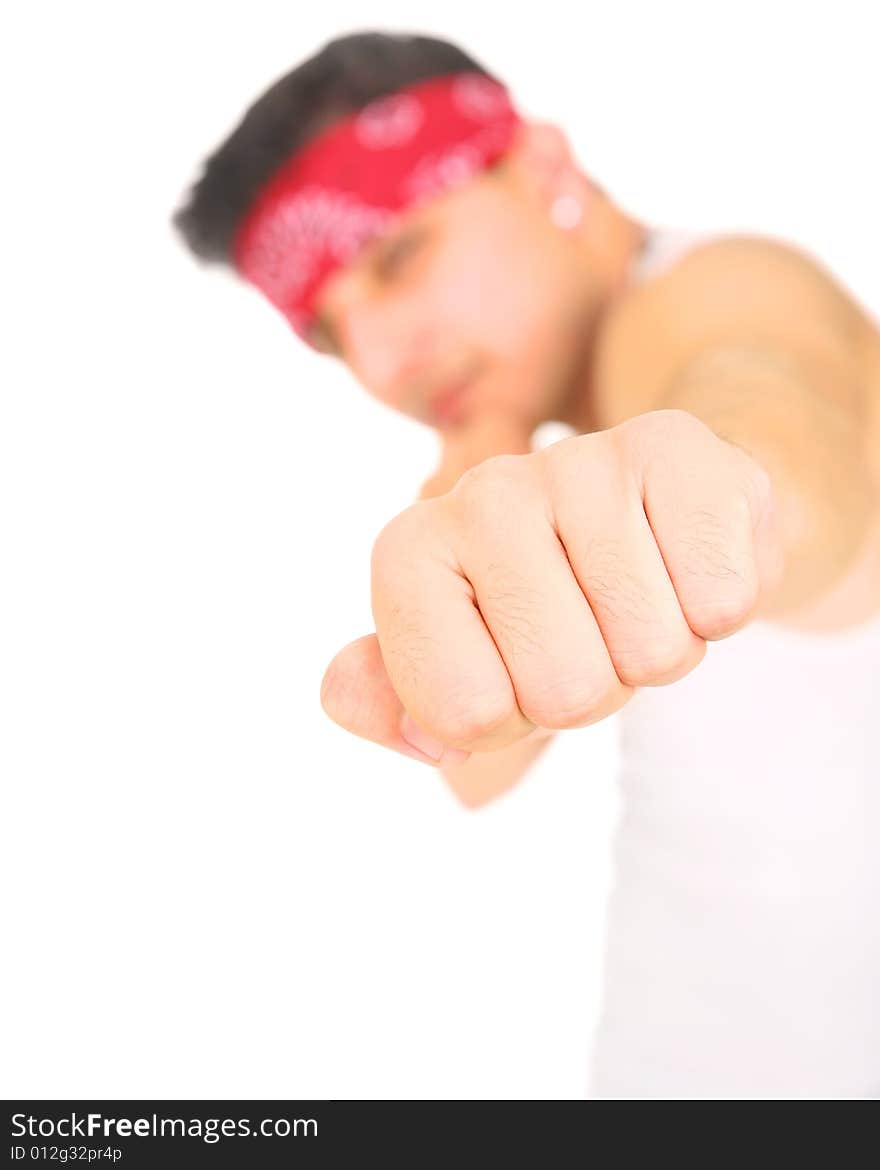 Close up shot of young man's fist. focus on the fist only. isolated on white background. Close up shot of young man's fist. focus on the fist only. isolated on white background