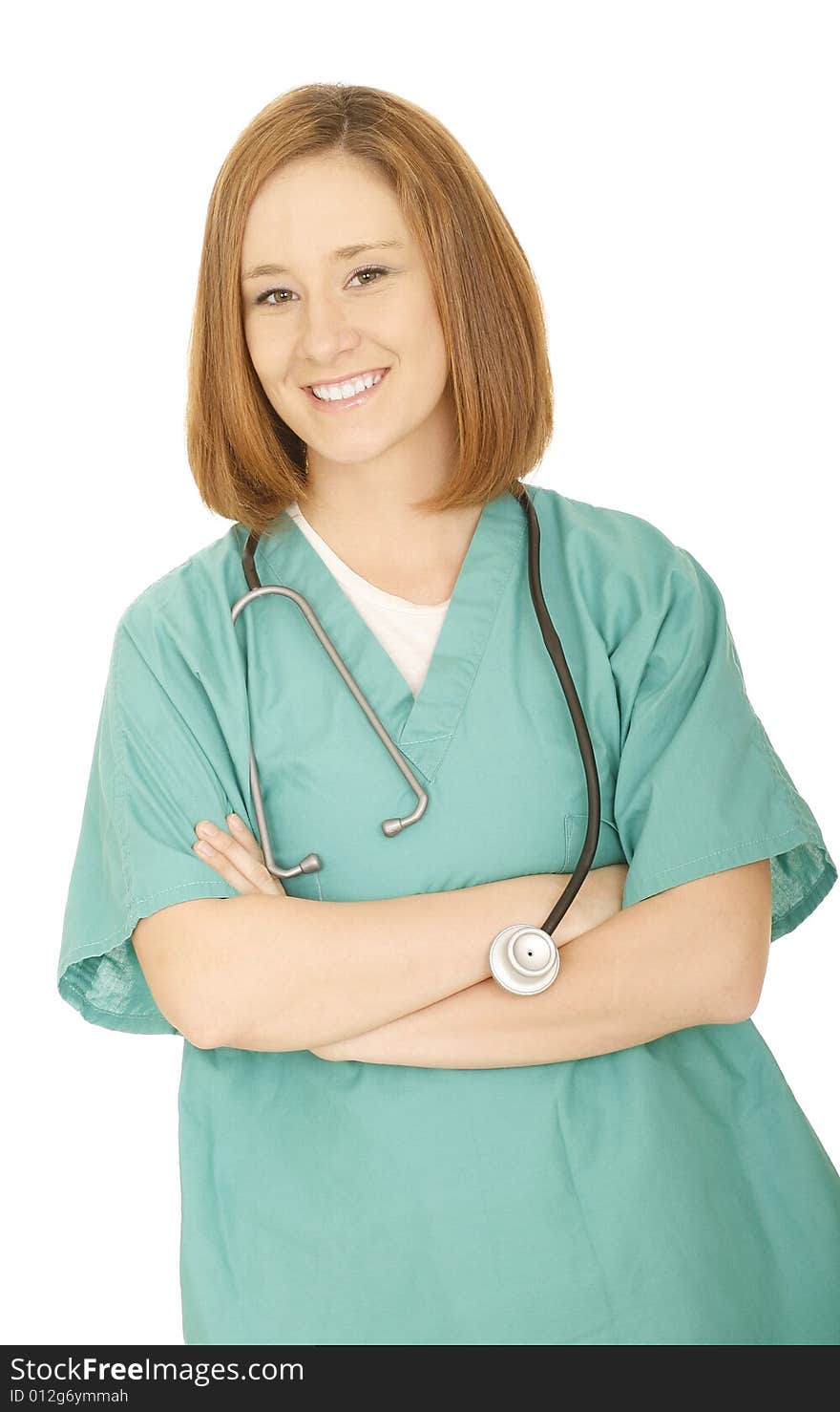 Tilted shot of isolated woman doctor or nurse folding hand and smiling to camera. Tilted shot of isolated woman doctor or nurse folding hand and smiling to camera