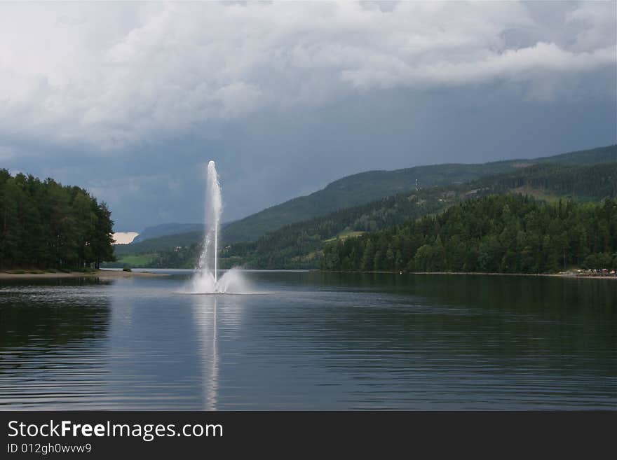 Lake with water fountain