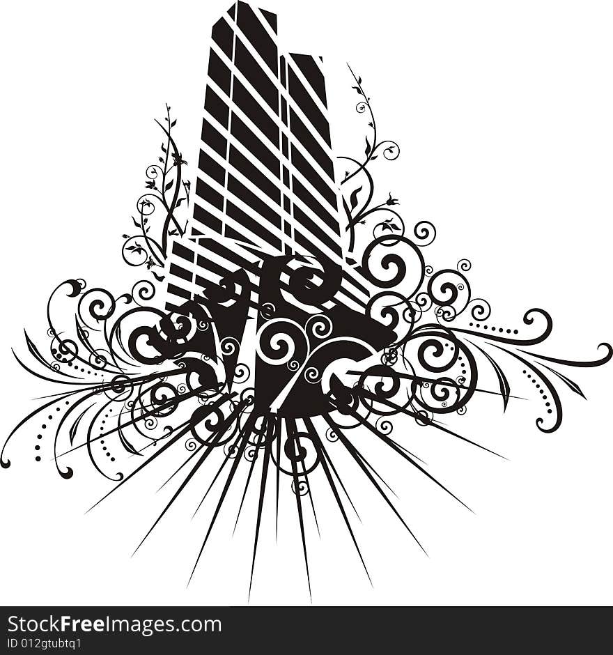 Black and white skyscraper design with ornamental details. Vector illustration. Black and white skyscraper design with ornamental details. Vector illustration.