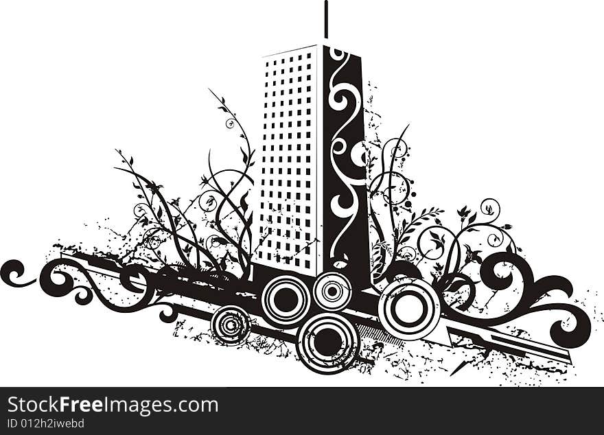 Black and white urban design with ornamental and grunge details. Vector illustration. Black and white urban design with ornamental and grunge details. Vector illustration.