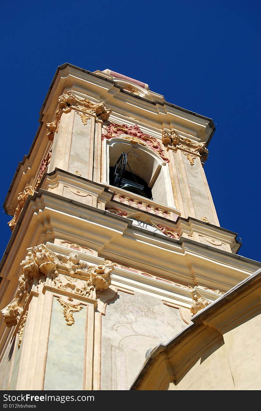 Bell tower of the Corallini's Cathedral in Cervo, a medioeval village in Liguria, Italy.