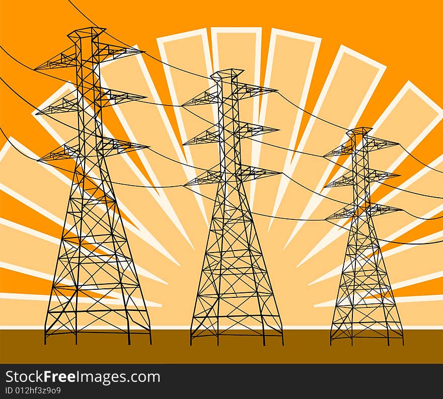 Vector art on pylons and electricity connection lines with sun in background. Vector art on pylons and electricity connection lines with sun in background