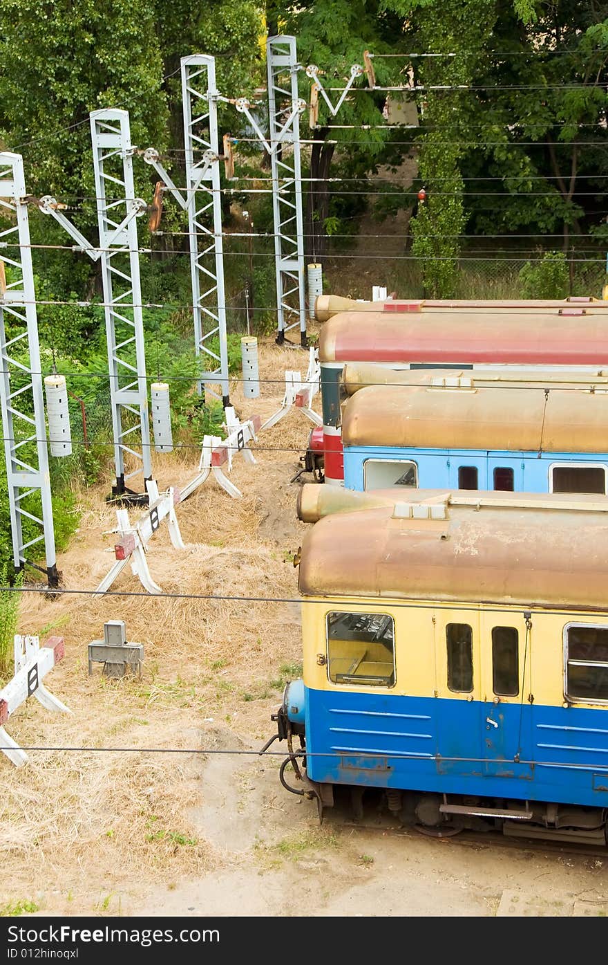 High angle view of old trains abandoned in old railway side track or siding. High angle view of old trains abandoned in old railway side track or siding.