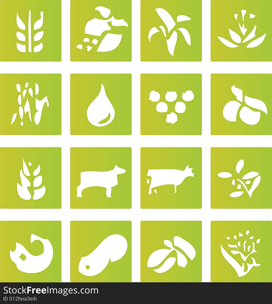 A set of sixteen green vector icons that represent the different major industries including; coal, gas, oil, electricity, power, mining, cattle, farming, shipping, fishing, burning. A set of sixteen green vector icons that represent the different major industries including; coal, gas, oil, electricity, power, mining, cattle, farming, shipping, fishing, burning.