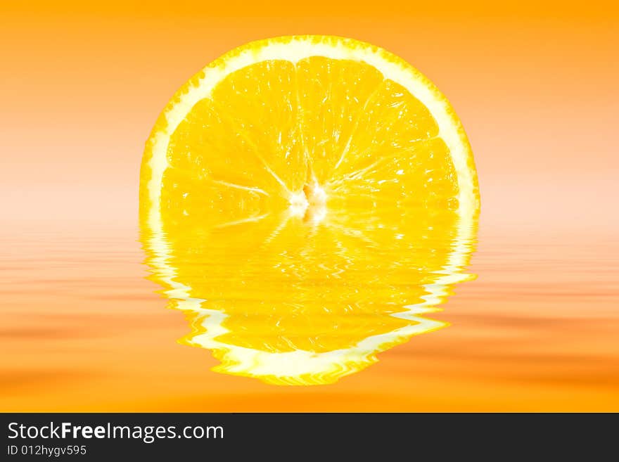 Fresh slice of orange with zesty gradient lighting and water reflection. Fresh slice of orange with zesty gradient lighting and water reflection