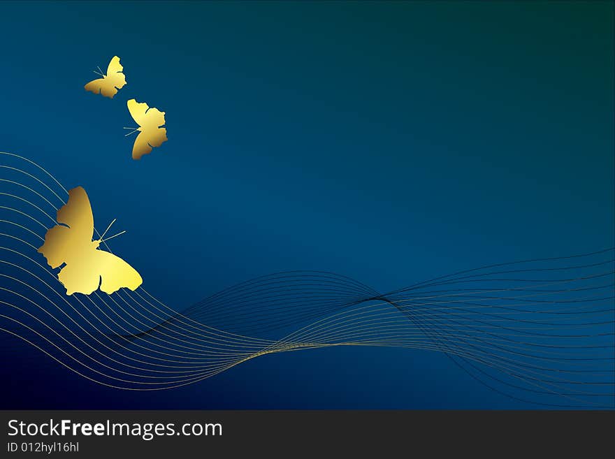 Golden butterflies and curves on a blue background. Golden butterflies and curves on a blue background