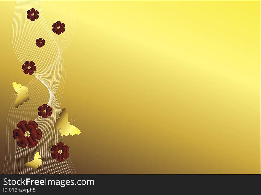 Red blossoms and golden butterflies with curves on a shiny golden background. Red blossoms and golden butterflies with curves on a shiny golden background