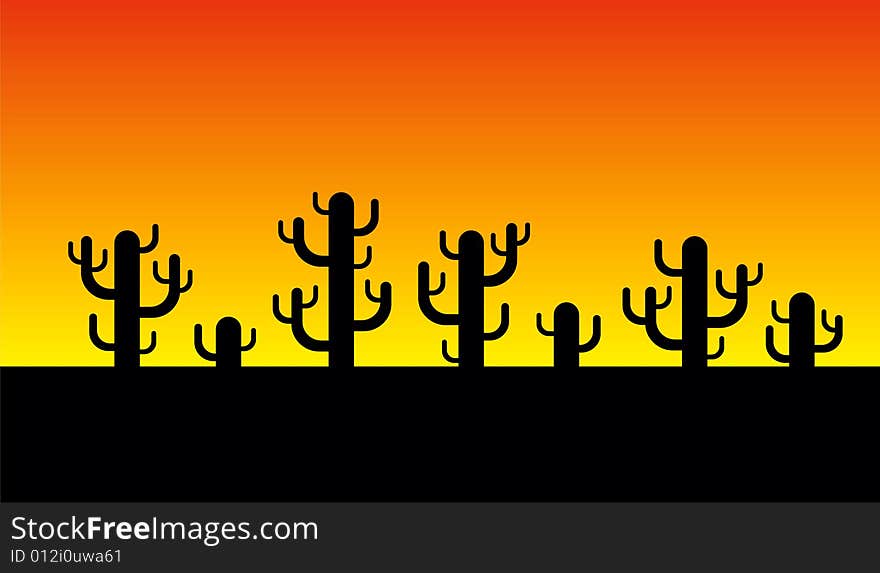 Vector cactus silhouette on sunrise background. Vector cactus silhouette on sunrise background