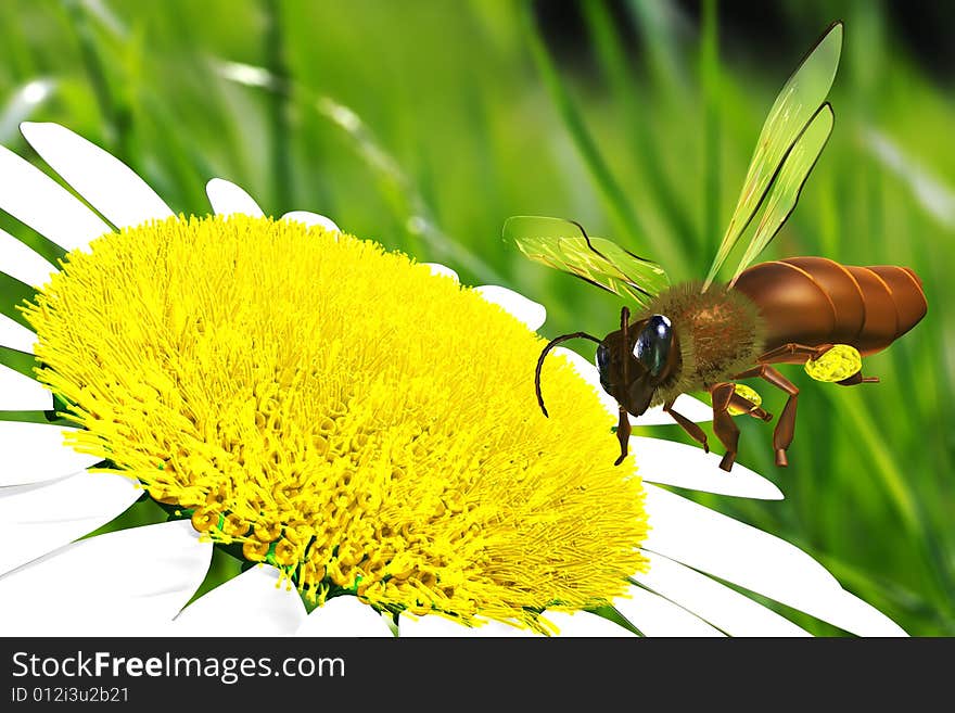 Bee flying over the flower. Illustration. 3D render.