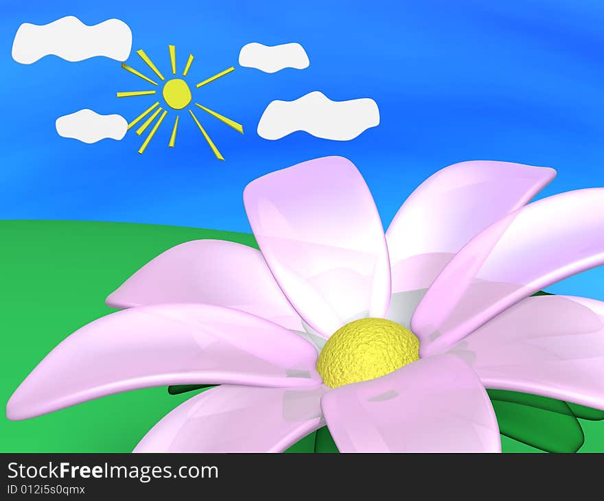 Pink spring flower on the green meadow. Illustration. 3D render. Pink spring flower on the green meadow. Illustration. 3D render.