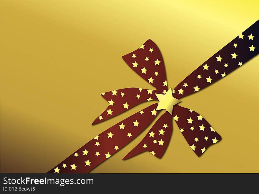 Red bow with golden stars on golden background