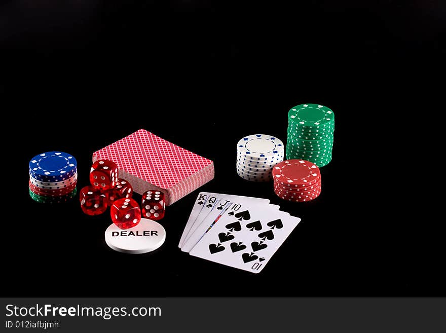 Poker chips, dice and playing cards. Poker chips, dice and playing cards