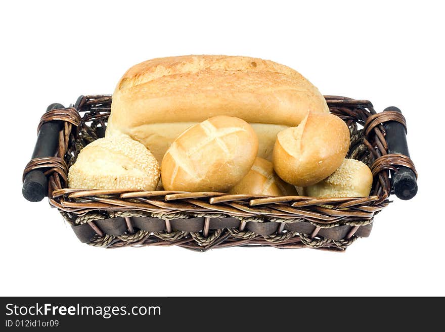 Basket of wheat bread and buns. Basket of wheat bread and buns.