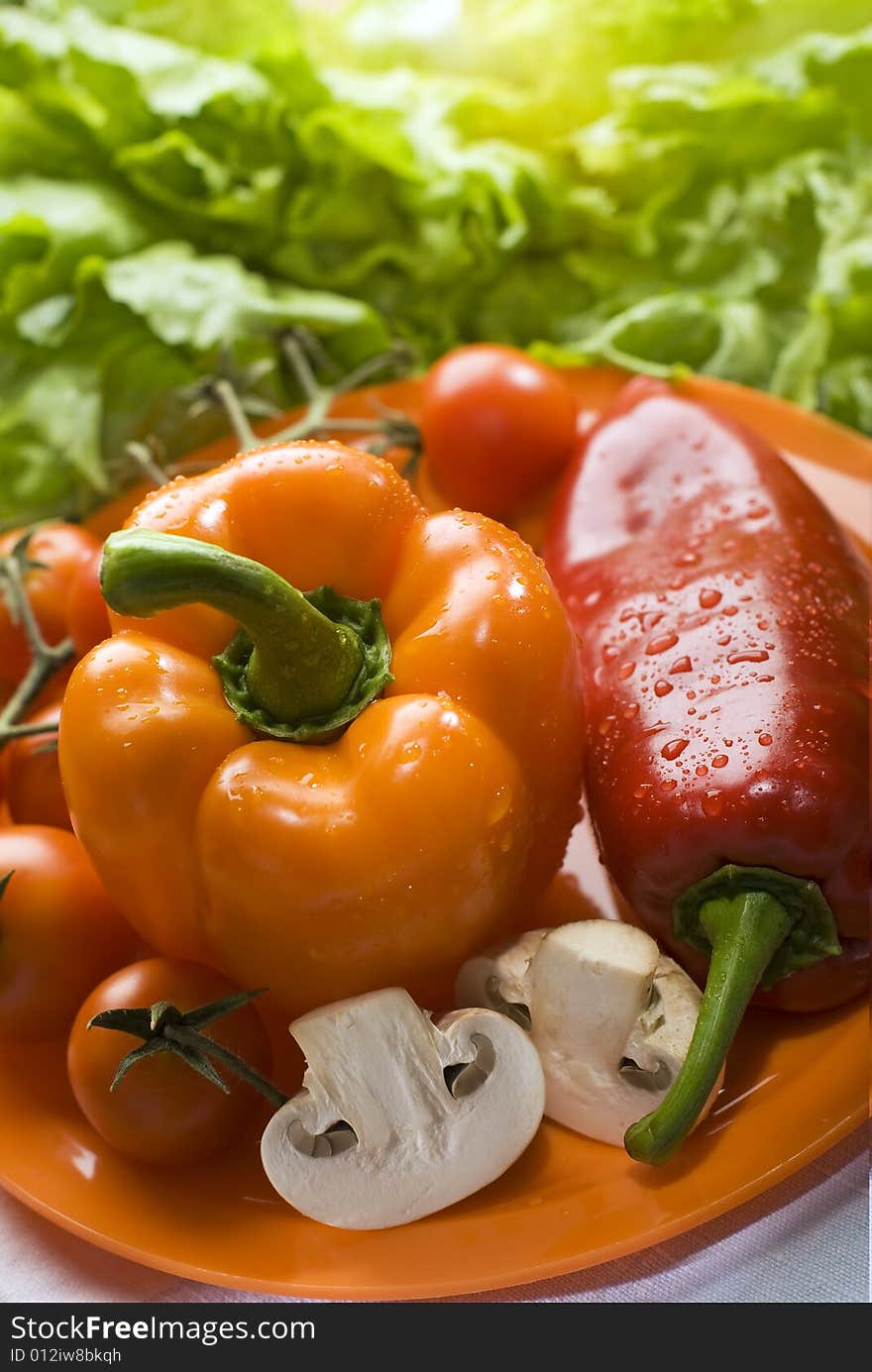 Fresh colorful vegetables close up on a plate