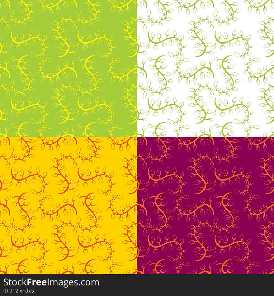 Seamless vector backgrounds, with repeating leaves, 4 different colors. Seamless vector backgrounds, with repeating leaves, 4 different colors.