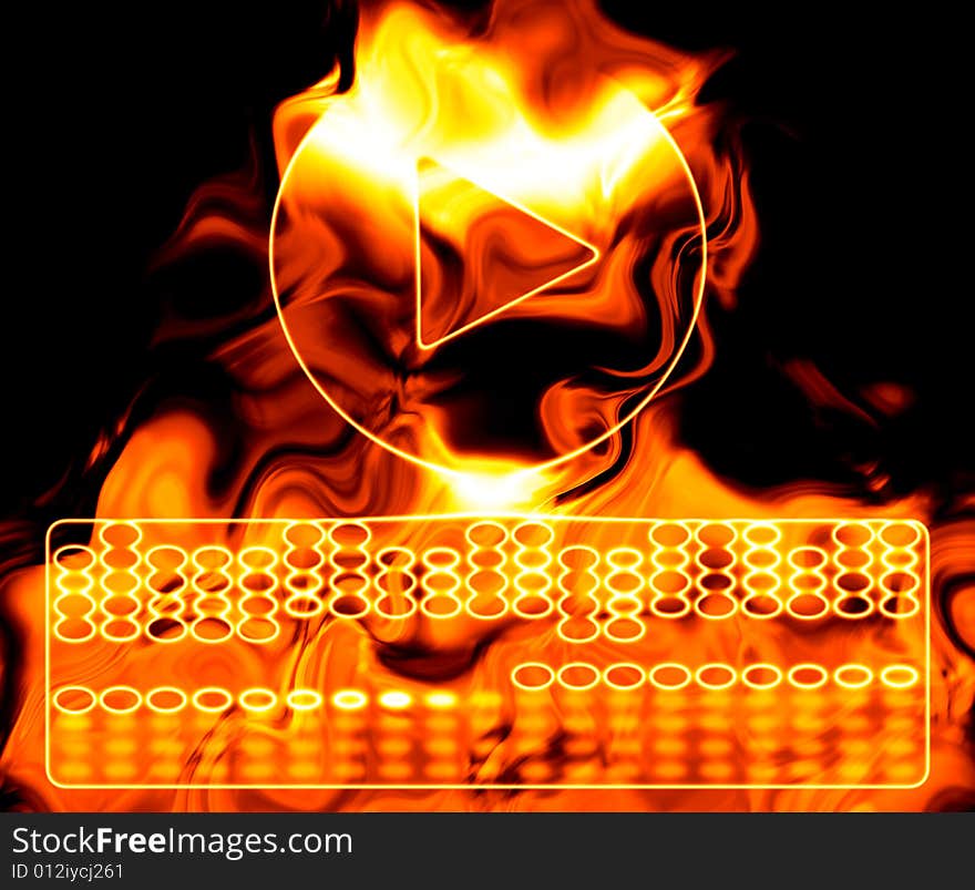 Hot music illustration with play button and equalizer in flames. Hot music illustration with play button and equalizer in flames.