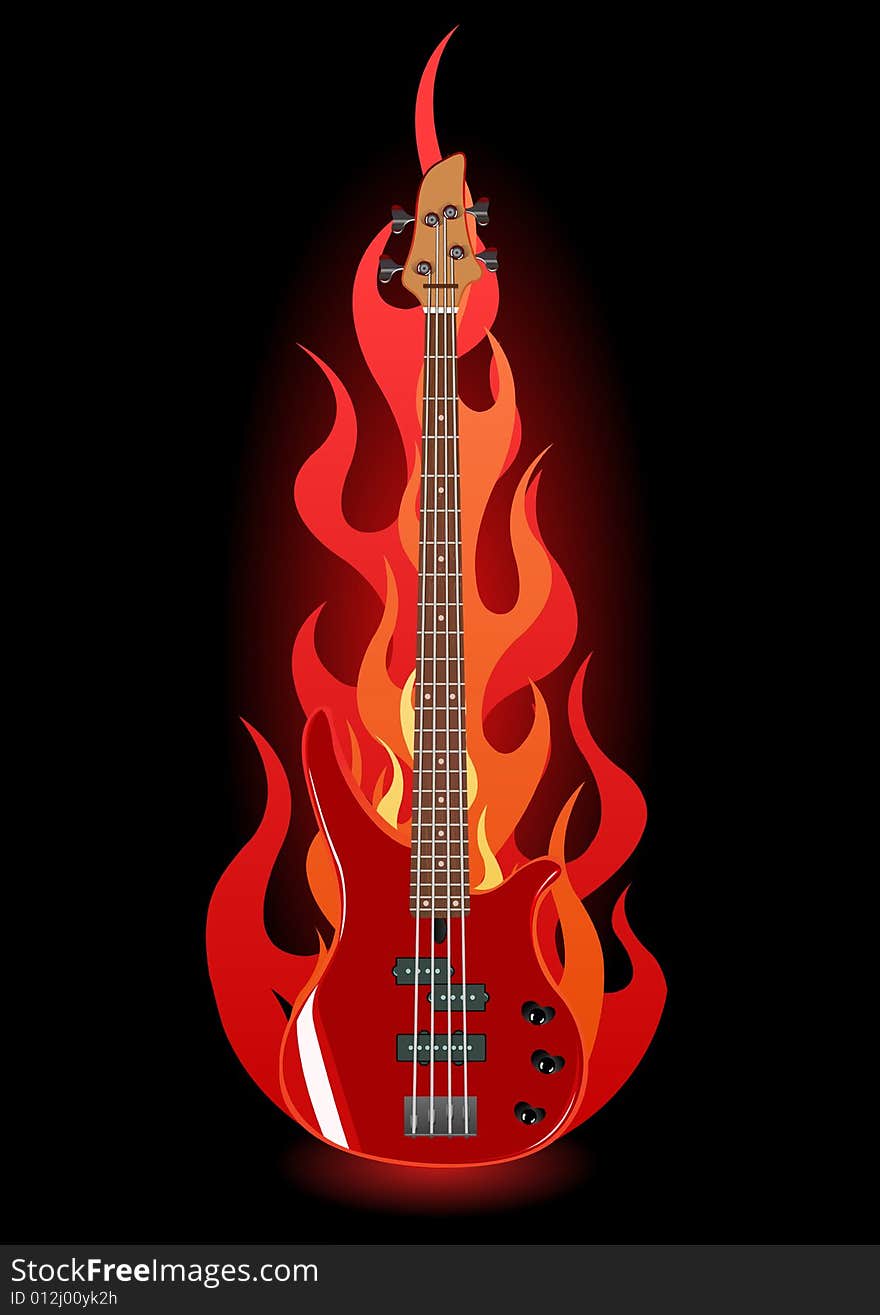 Vector illustration of red bass guitar in flames on black background. Vector illustration of red bass guitar in flames on black background