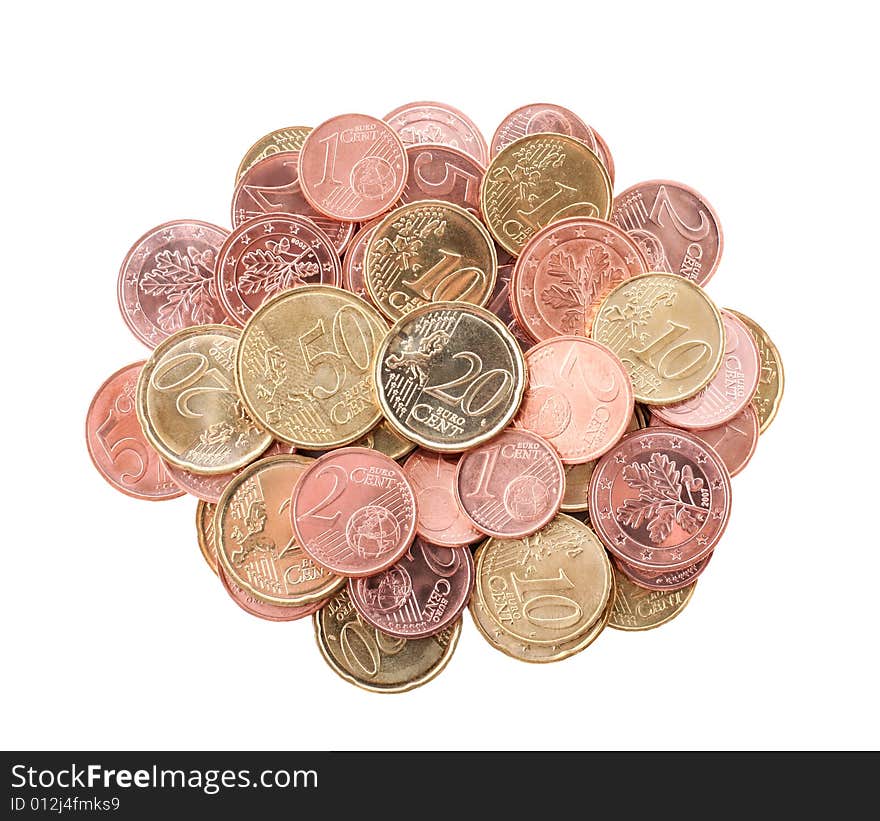 A bunch of coins isolated on a white background. A bunch of coins isolated on a white background