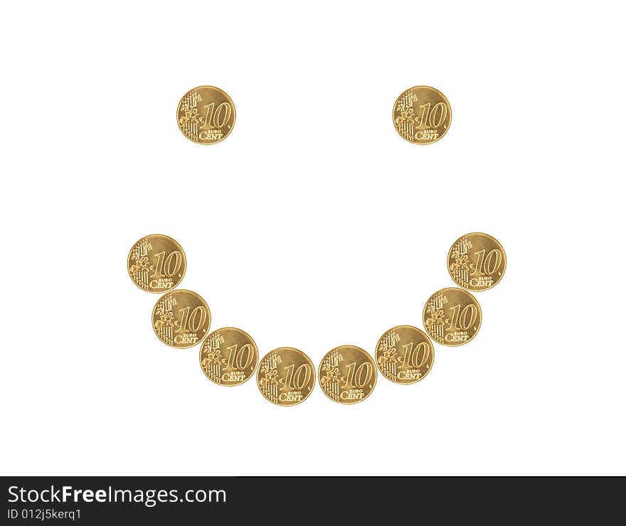 A smiley symbol made of euro coins isolated on a white background