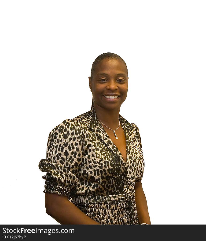 A black woman in leopard skin print on a white background. A black woman in leopard skin print on a white background