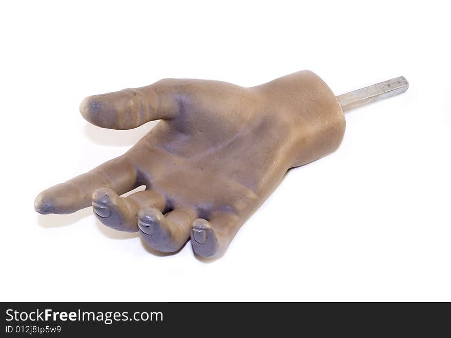 A wooden, male hand from a mannequin. A wooden, male hand from a mannequin.