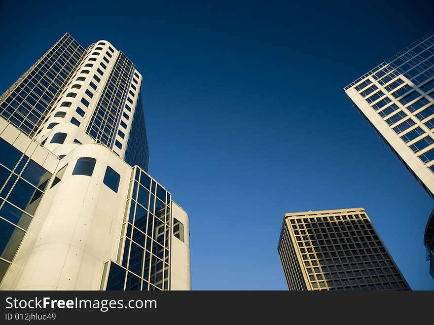 Three tall buildings in Vancouver's Waterfront area including Canada Place. Three tall buildings in Vancouver's Waterfront area including Canada Place.