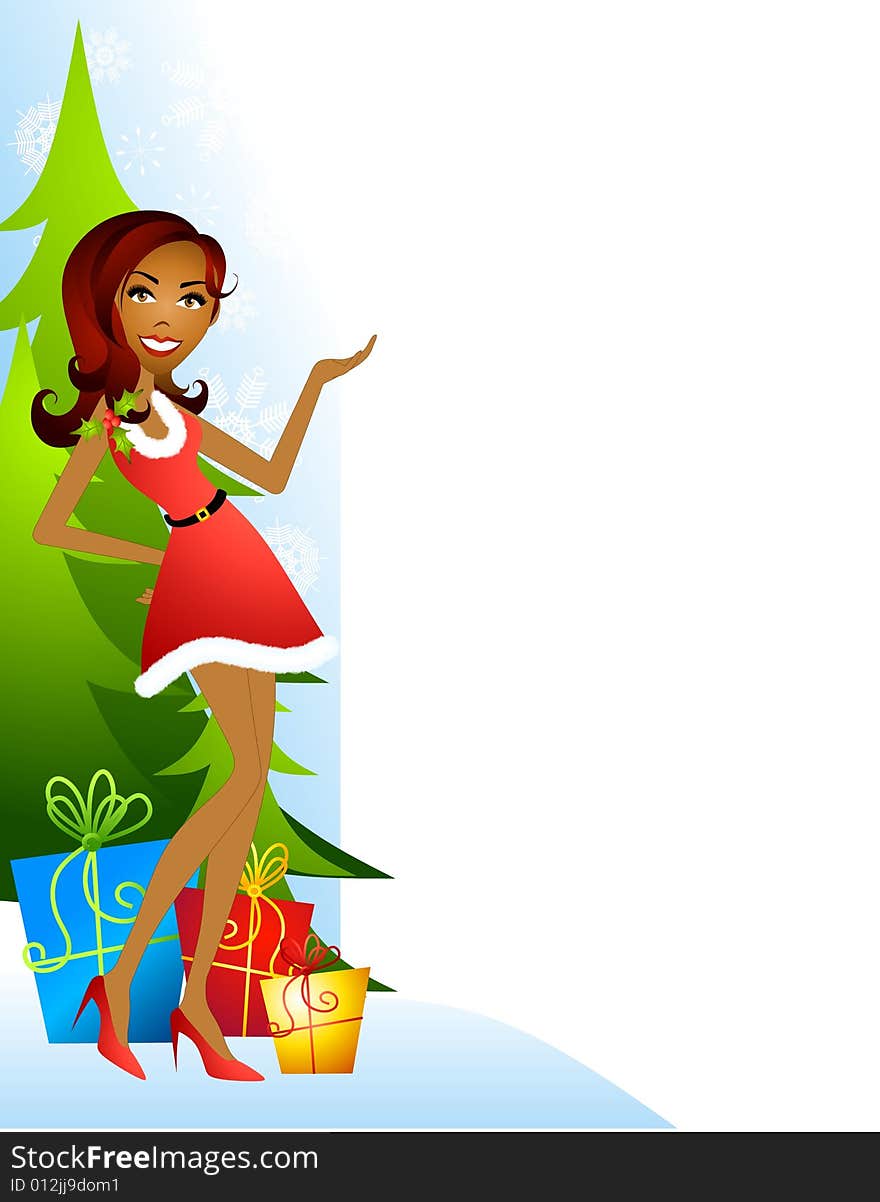 An illustration featuring an african american wearing a festive little red dress standing in front of trees and gifts with hand raised presenting something. An illustration featuring an african american wearing a festive little red dress standing in front of trees and gifts with hand raised presenting something